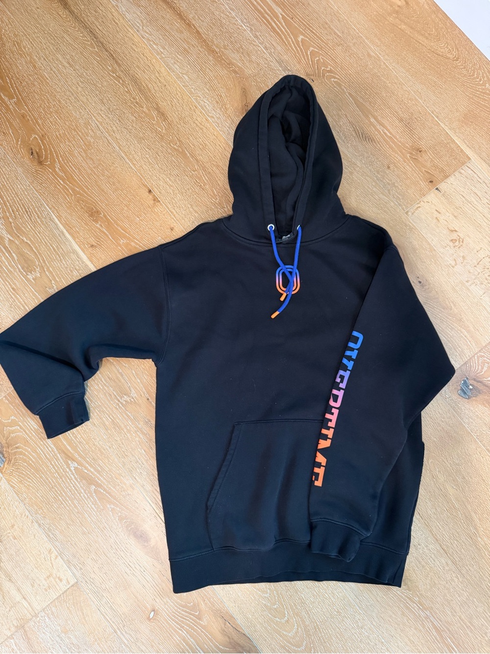Black Graphic Hoodie with Blue & Orange Accents